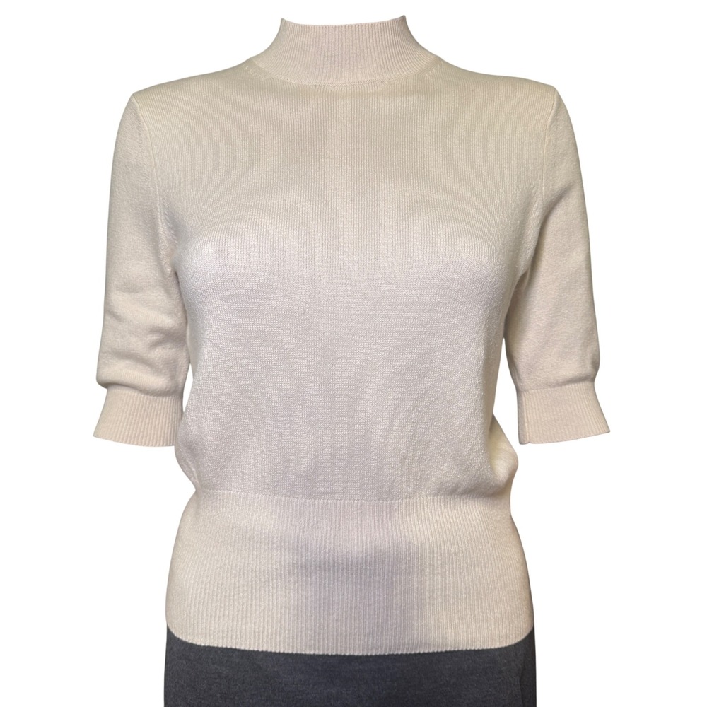 Moda International Vintage Silk Cashmere Mock Neck Sweater Cream Short Sleeve M